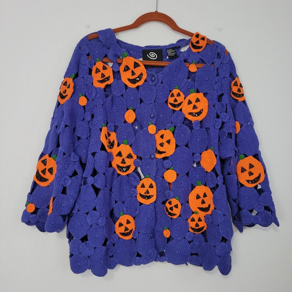 Vintage Michael Simon Halloween Crochet Cardigan Sweater size XL Pumpkins Beaded